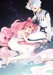  1girl bacu barefoot bishoujo_senshi_sailor_moon chibi_usa couple double_bun dress facial_mark forehead_mark full_body helios_(sailor_moon) hetero horn long_hair low-tied_long_hair lying on_side pants pink_eyes pink_hair sitting small_lady_serenity smile twintails white_hair yellow_eyes 