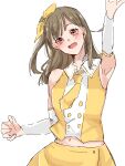  1girl arm_up armpits bare_shoulders brown_hair buttons commentary_request cowboy_shot double-breasted highres kachimachi_kosuzu link!_like!_love_live! long_hair looking_at_viewer love_live! midriff necktie one_side_up orange_eyes proof_(love_live!) roku_aya_fuyu shirt simple_background skirt sleeveless sleeveless_shirt solo virtual_youtuber white_background yellow_necktie yellow_shirt yellow_skirt 