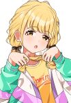  1girl :o blush braid brown_ribbon commentary_request fujita_kotone gakuen_idolmaster hair_ribbon highres holding holding_own_hair idolmaster jacket multicolored_jacket ribbon shirt simple_background solo twin_braids upper_body white_background yairo_ju yellow_shirt 