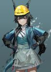  1girl absurdres aqua_background arknights arknights:_endfield black_hair blue_gloves blue_horns blue_jacket chen_qianyu_(arknights) clip_studio_paint_(medium) commentary cowboy_shot dragon_girl dragon_horn dragon_horns dragon_tail eastern_dragon_horns eastern_dragon_tail english_commentary gloves grey_eyes hands_on_own_hips hard_hat hat helmet highres horns jacket long_hair looking_at_viewer making-of_available mxewneko open_clothes open_jacket pleated_skirt simple_background skirt smile solo standing tail thighs white_skirt yellow_hat 
