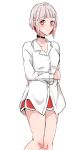  1girl absurdres black_choker choker collarbone collared_shirt colored_inner_hair commentary_request dolphin_shorts feet_out_of_frame grey_hair highres link!_like!_love_live! long_shirt long_sleeves looking_at_viewer love_live! love_live!_nijigasaki_high_school_idol_club multicolored_hair red_hair red_shorts red_streaks roku_aya_fuyu shirt short_shorts shorts solo standing streaked_hair tokimeki_no_mirai_chizu virtual_youtuber white_shirt yugiri_tsuzuri 