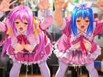  2girls against_glass bent_over blue_hair blush bow breasts breasts_outside brown_eyes covering cum cum_in_pussy cum_on_clothes cumdrip dress from_behind gakuen_saimin_reido game_cg green_eyes hair_bow hanging_breasts lactation large_breasts long_hair mind_control mizushiro_nagisa multiple_girls nipples open_mouth overflow pink_hair public_use sakurasawa_yuna short_hair thighhighs 