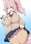 2026 4_fingers anthro big_breasts big_ears biped black_nose black_pawpads blue_background blue_bottomwear blue_clothing blue_skirt blush blush_lines bottomwear bow_panties bow_tie bow_underwear breasts brown_tail canid canine cardigan cheek_tuft clothed clothed_anthro clothed_female clothing clothing_lift collared_shirt digital_media_(artwork) eye_through_hair eyebrow_through_hair eyebrows eyelashes eyelashes_through_hair facial_tuft female fingerpads fingers flashing flashing_pussy genitals glistening glistening_eyes gradient_background green_eyes hair hi_res holding_clothing holding_object holding_panties holding_underwear inner_ear_fluff innie_vulva koorinezumi legs_together looking_at_viewer looking_down looking_down_at_viewer low-angle_view mammal multicolored_tail no_underwear open_mouth open_smile panties pawpads pink_hair red_bow_tie shirt simple_background skirt skirt_lift small_nose smile solo tail tan_clothing tan_sweater tan_topwear tied_hair topwear translucent translucent_hair tuft undershirt underwear vulva white_background white_clothing white_eyebrows white_inner_ear_fluff white_shirt white_tail white_topwear