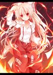  bow fire fujiwara_no_mokou hair_bow hair_ribbon highres letterboxed long_hair mogu_(au1127) pants red_eyes ribbon smile solo touhou very_long_hair white_hair 