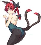  animal_ears ass bare_shoulders blush bow braid cat_ears cat_tail extra_ears green_leotard hair_bow isaki_(gomi) kaenbyou_rin kittysuit leotard long_hair multiple_tails naughty_face pantyhose pointy_ears red_eyes red_hair simple_background solo tail touhou white_background 