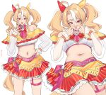  1girl absurdres ahoge animal_ears bandeau bare_shoulders blonde_hair breasts commentary_request crop_top ear_covers fingernails four-finger_heart_hands fusaichi_pandora_(assorted_cuteness)_(umamusume) fusaichi_pandora_(umamusume) heart heart_hands highres horse_ears horse_girl horse_tail javanese_commentary large_breasts long_hair looking_at_viewer midriff mismatched_ear_covers multicolored_hair multicolored_nails multiple_views nail_polish navel off_shoulder open_mouth pinepin pink_eyes see-through_clothes see-through_sleeves simple_background smile stomach streaked_hair tail thighs twintails umamusume white_background white_bandeau white_streaks yellow_tail 