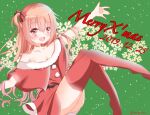  1girl 2019 :d \||/ alternate_costume bare_shoulders belt black_belt blush bow christmas collarbone commentary dated dress eyelashes eyes_visible_through_hair full_body fur-trimmed_dress fur_trim green_background hair_between_eyes hair_bow hair_spread_out happy highres inaba_meguru knees_together_feet_apart knees_up long_hair looking_at_viewer merry_christmas no_shoes off-shoulder_dress off_shoulder one_side_up open_mouth orange_hair outstretched_arms pom_pom_(clothes) red_bow red_dress red_eyes red_thighhighs sanoba_witch santa_costume santa_dress servamp_kuro short_dress sidelocks simple_background sitting smile snowflakes solo thighhighs thighs twitter_username very_long_hair zettai_ryouiki 