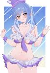  1girl blue_hair breasts cleavage closed_mouth collarbone hashtag-only_commentary hat highres hololive kinkikids753 miniskirt navel neckerchief pointy_ears purple_hat purple_neckerchief purple_wrist_cuffs sailor_collar skirt smile solo stomach virtual_youtuber white_sailor_collar white_skirt wrist_cuffs yellow_eyes yukihana_lamy 