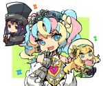  1boy 2girls alchemist_(sekaiju) alchemist_5_(sekaiju) aqua_dress bare_shoulders black_frost black_hair blonde_hair blue_eyes blue_hair commentary_request dress drop390_(sakuma) gauntlets green_eyes gunner_(sekaiju) gunner_5_(sekaiju) long_hair multicolored_hair multiple_girls ojou-sama_pose pink_hair pink_scarf scarf sekaiju_no_meikyuu sekaiju_no_meikyuu_1 sekaiju_no_meikyuu_2 sekaiju_no_meikyuu_3 sekaiju_no_meikyuu_hd sovereign_(sekaiju) sovereign_5_(sekaiju) tall_hat tiara twintails v 