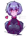  1girl ayanami_rei bandaid bandaid_on_cheek bandaid_on_face black_bodysuit blue_hair bodysuit breasts evangelion:_3.0+1.0_thrice_upon_a_time heart instagram_logo instagram_username interface_headset_(evangelion) looking_at_viewer mecha_pilot_suit neon_genesis_evangelion plugsuit_(evangelion) rebuild_of_evangelion red_eyes short_hair solo spanish_commentary twitter_logo twitter_username upper_body victor_art_99 