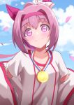  1girl absurdres animal_ears blue_sky bow closed_mouth cloud commentary_request day ear_bow ear_covers falling_petals flower-shaped_pupils hair_intakes haru_urara_(bestest_prize)_(umamusume) haru_urara_(umamusume) headband highres horse_ears horse_girl jacket long_hair looking_at_viewer medal outdoors petals pink_eyes pink_hair pink_headband ponytail sanami_(sanami_t_38) shirt short_sleeves sky solo symbol-shaped_pupils umamusume upper_body white_bow white_shirt zipper 