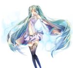  belt closed_eyes detached_sleeves green_hair hatsune_miku long_hair navel open_mouth rituiti skirt solo thighhighs twintails very_long_hair vocaloid 