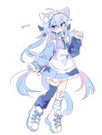  1girl :o animal_ears apron artist_name asymmetrical_legwear blue_eyes blue_hair blue_jacket blue_skirt blue_socks blue_thighhighs blush_stickers bright_pupils cat_ears cat_girl cat_tail double-parted_bangs frilled_apron frilled_skirt frills full_body hair_between_eyes hand_up heterochromia highres jacket jersey_maid kneehighs long_hair long_sleeves looking_at_viewer loose_thighhigh maid maid_headdress open_mouth original pink_eyes shoes simple_background single_kneehigh single_paw_pose single_sock single_thighhigh sketch skirt sneakers socks solo standing tail thighhighs track_jacket track_suit translation_request uenomigi unconventional_maid uneven_legwear white_apron white_background white_pupils white_shoes 