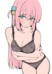  1girl absurdres black_bra black_panties blue_eyes blush bocchi_the_rock! bra breasts cleavage collarbone commentary_request cube_hair_ornament gotoh_hitori hair_ornament highres lace-trimmed_bra lace-trimmed_panties lace_trim lingerie long_hair navel panties pink_hair side_ahoge simple_background solo sunya_(honorin-yuunibo) thighs underwear white_background 