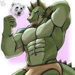 2025 abs anthro arm_scar artist_logo bear biceps blood blue_eyes blush bodily_fluids brown_clothing brown_underwear bulge chest_scar chin_spikes clothed clothing digital_media_(artwork) dungeons_and_dragons erenok_(kilyion) facial_spikes fist flexing flexing_bicep frill_(anatomy) fur green_body grin half-length_portrait hasbro head_crest head_frill hi_res jaw_spikes lizardfolk_(dnd) lizardman logo looking_at_another male male/male mammal muscular muscular_anthro muscular_male navel nosebleed pecs polar_bear portrait scalie scar serratus simple_background smile spiked_tail spikes spikes_(anatomy) tail teeth titan_(kilyion) toraxhiro underwear underwear_only ursine white_body white_fur wizards_of_the_coast yellow_teeth