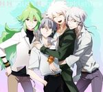  belt blue_background blue_eyes buckle contrapposto crossover danganronpa green_hair grey_eyes hat head_tilt hood hoodie hug jacket kagio_(muinyakurumi) komaeda_nagito long_hair looking_at_viewer makishima_shougo male_focus multiple_boys n_(pokemon) nagisa_kaworu neon_genesis_evangelion pants pokemon pokemon_(game) pokemon_bw ponytail psycho-pass red_eyes simple_background smile standing super_danganronpa_2 teeth trait_connection white_hair yaoi 