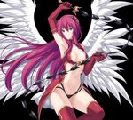  1girl armpits arms_up bare_shoulders black_background breasts cleavage elbow_gloves eushully game_cg gloves green_eyes hips legs long_hair looking_at_viewer madou_koukaku navel nipple_slip nipples pink_hair simple_background smile solo thighs weapon white_wings wings 