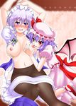  bat_wings blue_eyes breast_grab breast_licking breasts genjuu_rou grabbing hat izayoi_sakuya large_breasts licking maid_headdress multiple_girls nipples panties panties_under_pantyhose pantyhose purple_hair red_eyes remilia_scarlet saliva silver_hair tears tongue touhou underwear undressing wings yuri 