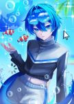  1girl absurdly_long_hair black_jacket blue-tinted_eyewear blue_eyes blue_hair blue_theme bubble clownfish commentary cowboy_shot cursor earth_(planet) eyewear_on_head fish flat_chest frutiger_aero hair_between_eyes hair_intakes hand_up highres jacket leaf loading_icon long_hair long_sleeves looking_at_viewer midriff_peek navel original painterly planet safety_glasses shorts silver_kinos solo sparkle sunglasses tinted_eyewear track_jacket tropical_fish very_long_hair water white_shorts 