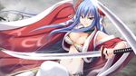  16:9 1girl arms_up blue_eyes blue_hair breasts cleavage clenched_teeth double_bun eushully fighting game_cg highres katana large_breasts long_hair looking_at_viewer madou_koukaku midriff navel smile solo sword teeth weapon 