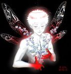  1boy alternate_skin_color blue_flower colored_extremities colored_skin commentary cropped_torso english_commentary fingernails flower forget-me-not_(flower) glowing half-closed_eyes halo highres hikaru_ga_shinda_natsu indou_hikaru light_smile male_focus nude parted_lips pink_flower purple_flower red_eyes red_hands red_skin sad_smile solo twitter_username upper_body white_hair white_skin wings zeiika 