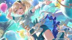  1girl :d absurdres aerial_fireworks aqua_shorts arm_up balloon blonde_hair bow commentary_request concert confetti copyright_notice corset double-parted_bangs fireworks gold_tiara hair_between_eyes hair_ornament hat headset high_heels highres hololive hololive_dreams kazama_iroha looking_at_viewer mini_hat night official_art open_mouth outdoors outstretched_arm ponytail puffy_short_sleeves puffy_sleeves shirt shoes short_sleeves shorts smile solo star_(symbol) star_hair_ornament tilted_headwear virtual_youtuber waist_bow white_corset white_hat white_shirt white_shoes wrist_cuffs 