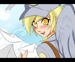  blonde_hair blush clothing cloud clouds derpy_hooves_(mlp) equine female friendship_is_magic hair hat human humanized looking_at_viewer mail mammal my_little_pony ninja-8004 pegasus shirt sky solo wings yellow_eyes 