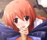  1girl bat_wings blush censored fellatio head_wings highres koakuma long_hair midoriiro_no_shinzou oral penis red_eyes red_hair the_embodiment_of_scarlet_devil touhou wings 