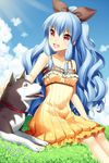  bad_id bad_pixiv_id bare_shoulders blue_hair dog dress hair_ribbon jenevan linus_falco long_hair open_mouth red_eyes ribbon sitting smile solo sword_girls 