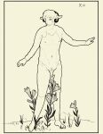 anthro barefoot bovid caprine feet flower fur genitals hi_res horn lilies looking_at_viewer male mammal monochrome narrowed_eyes navel nipples nude nude_anthro nude_male outside penis plant reynard_goodfellow reynard_the_baa sheep solo standing standing_on_toes wool_(fur)