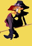  blonde_hair broom broom_riding hat kise_yayoi looking_at_viewer pantyhose precure simple_background smile smile_precure! solo tima witch_hat yellow_background 