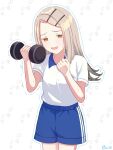  1girl absurdres artist_name blonde_hair blue_outline blue_shorts blush collared_shirt colored_eyelashes commentary_request cowboy_shot dumbbell flipped_hair gakuen_idolmaster gradient_hair grey_hair gym_uniform hair_ornament hairclip hands_up highres holding holding_dumbbell idolmaster long_hair looking_at_viewer mattarisan_3 motion_lines multicolored_hair open_mouth orange_eyes outline parallel_hairclips polo_shirt shinosawa_hiro shirt short_sleeves shorts solo standing striped_clothes striped_shorts sweat swept_bangs text_background trembling vertical-striped_clothes vertical-striped_shorts white_shirt 
