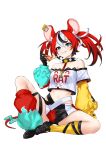  1girl absurdres animal_ears asymmetrical_sleeves black_hair black_shoes black_shorts blue_eyes bow cheese clenched_teeth collar commentary dice_hair_ornament eating english_commentary food full_body hair_ornament hakos_baelz hakos_baelz_(1st_costume) highres holding holding_food holding_pizza hololive hololive_english jewelry key key_necklace leg_warmers long_hair looking_at_viewer mismatched_sleeves mouse_ears mouse_girl mouse_tail mousetrap multicolored_hair multicolored_skirt necklace pizza pizza_slice red_hair shirohodo shoes short_shorts shorts shorts_under_skirt simple_background sitting skirt solo spiked_collar spikes streaked_hair tail tail_bow tail_ornament teeth thighs twintails virtual_youtuber white_background white_hair 