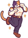  1boy :3 :d abs animal_ears bara belt belt_buckle black_pants brown_belt brown_shoes buckle calico_(pattern) cat_boy cat_ears cat_tail commentary english_commentary fewer_digits fortnite full_body furry furry_male kitty_cat_dance_(meme) large_pectorals leg_up looking_at_viewer male_focus meme meowscles muscular muscular_male pankekie pants paw_pose pectorals shoes simple_background smile solid_oval_eyes solo sparkle standing standing_on_one_leg tachi-e tail thick_lineart topless_male white_background 