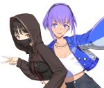  2girls absurdres black_hair blue_jacket braid breasts brown_hoodie brown_shrug crop_top cropped_jacket english_text fate/grand_order fate/strange_fake fate_(series) flat_chest fudayasa hand_up hashtag-only_commentary hassan_of_serenity_(fate) highres hood hoodie jacket jewelry leaning_on_person long_sleeves looking_at_viewer mask medium_breasts midriff mouth_mask multiple_girls multiple_necklaces necklace no_name_assassin_(fate) parted_lips print_shirt purple_hair reaching reaching_towards_another red_eyes selfie shirt short_hair shrug_(clothing) sideloclks simple_background smile teeth twin_braids upper_teeth_only white_background white_shirt 