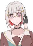  1girl aqua_neckerchief bespectacled black_gloves brown_dress collarbone colored_inner_hair commentary_request dress glasses gloves hair_ornament half_gloves hasu_no_sora_school_uniform highres link!_like!_love_live! long_sleeves love_live! multicolored_hair neckerchief parted_lips portrait red_hair red_streaks roku_aya_fuyu round_eyewear sailor_collar sailor_dress school_uniform simple_background solo star_(symbol) star_hair_ornament strapless strapless_dress streaked_hair virtual_youtuber white_background white_hair white_sailor_collar winter_uniform yugiri_tsuzuri 