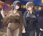  2girls :d artist_name black_hair blush breasts closed_mouth commentary commission english_commentary glasses grey_eyes grey_hair highres holding_hands japanese_clothes keenh large_breasts long_sleeves looking_at_another mole mole_under_mouth multiple_girls night open_mouth original outdoors ponytail red_eyes sidelocks smile wide_sleeves yuri 
