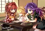  1boy 2girls animal_ears apron beads bell blonde_hair book calligraphy_brush checkered_clothes checkered_kimono closed_mouth commentary_request commission cross-laced_clothes dress forbidden_scrollery fox_boy fox_ears gradient_hair hair_bell hair_ornament highres hijiri_byakuren holding holding_calligraphy_brush holding_paintbrush indoors japanese_clothes jingle_bell kimono koxapfi4jyljb0d layered_dress long_hair long_sleeves medium_hair motoori_kosuzu multicolored_hair multiple_girls open_mouth paintbrush pointing prayer_beads puffy_short_sleeves puffy_sleeves purple_eyes purple_hair red_eyes red_hair short_sleeves sitting skeb_commission smile table tatami thank_you touhou two_side_up very_long_hair white_dress white_kimono wide_sleeves writing yellow_apron youkai_fox_(forbidden_scrollery) 