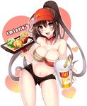  blush breasts brown_eyes brown_hair cleavage detached_collar drink drinking_straw employee_uniform english fast_food_uniform food french_fries hamburger happy large_breasts long_hair mcdonald's mi_(liki1020) navel original ponytail short_shorts shorts smile solo strapless thighs tray tubetop uniform visor_cap 