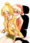  blonde_hair blush breast_grab breasts doubutsu_no_mori glasses grabbing hat humanization medium_breasts multiple_girls personification santa_hat shizue_(doubutsu_no_mori) simple_background sitting skirt smile tima villager_(doubutsu_no_mori) white_background yuri 