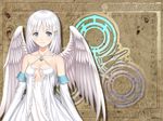  bangs bare_shoulders brown_background bunches center_frills cleavage_cutout collarbone criss-cross_halter cuneiform detached_sleeves dress feathered_wings hair_ornament halterneck iridescent light_blue_eyes light_blush long_hair long_sleeves official_art panis_angelicus sega shining_(series) shining_ark source_request tanaka_takayuki wallpaper watermark white_dress white_hair white_sleeves white_wings wide_sleeves wings 