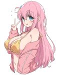  1girl bikini blue_eyes bocchi_the_rock! commentary_request cube_hair_ornament gotoh_hitori hair_ornament highres jacket mel_(melty_pot) one_side_up pink_hair pink_jacket simple_background solo swimsuit track_jacket upper_body v white_background yellow_bikini 