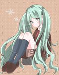  bad_id bad_pixiv_id green_eyes green_hair hatsune_miku kneehighs kyappi_run leg_hug long_hair shoes sitting solo twintails very_long_hair vocaloid 