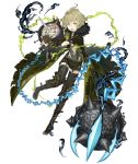  1boy ahoge blood boots chains club flail full_body fur_collar gloves green_eyes green_hair ji_no knee_boots long_coat long_nose looking_at_viewer official_art pinocchio_(sinoalice) shorts single_glove sinoalice solo spiked_club suspenders thighhighs tongue tongue_out torn_clothes transparent_background weapon 