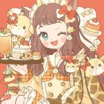  1girl ;d animal_ears blue_eyes blush_stickers border bow brown_hair cake checkerboard_cookie commentary cookie donut eeppa food giraffe giraffe_ears giraffe_girl green_eyes grid_background hair_bow highres holding holding_tray long_hair long_sleeves looking_at_viewer macaron melon_soda neckerchief one_eye_closed open_mouth orange_border orange_neckerchief original outside_border plaid_clothes plaid_neckerchief plaid_sleeves pudding red_bow shirt smile solo tray untranslatable_commentary upper_body white_background yellow_shirt 