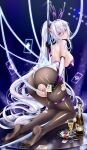  1girl absurdres alcohol animal_ears ass azur_lane bare_back bare_shoulders black_gloves black_pantyhose breasts brown_pantyhose cable champagne champagne_bottle commentary_request cum cum_on_ass cum_on_body cum_on_legwear cup detached_collar drinking_glass fake_animal_ears fake_tail feet gloves highres iue_(pixiv_95802465) kearsarge_(all_night_charge)_(azur_lane) kearsarge_(azur_lane) kneepits leotard long_hair looking_at_viewer looking_back multicolored_gloves multicolored_leotard official_alternate_costume pantyhose playboy_bunny poker purple_eyes purple_leotard rabbit_ears rabbit_tail soles strapless strapless_leotard tail thong_leotard torn_clothes torn_pantyhose two-tone_gloves two-tone_leotard white_gloves white_hair white_leotard 