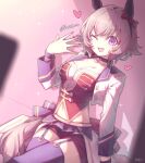  1girl absurdres animal_ears artist_name black_choker black_hairband blurry blush bodice bow breasts choker cleavage commentary_request corset cropped_jacket curren_chan_(umamusume) depth_of_field ear_bow ear_covers grey_hair grey_tail hairband hand_up heart highres horse_ears horse_girl horse_tail jacket kasei_ovo long_sleeves looking_at_viewer medium_breasts midriff_peek navel official_alternate_costume one_eye_closed open_clothes open_jacket open_mouth overskirt purple_eyes red_bow red_corset red_shorts short_hair shorts sitting smile solo sparkle starting_future_(umamusume) tail thighs umamusume white_jacket 