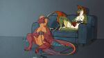 absurd_res anthro blue_eyes breasts casual_nudity claws controller dinosaur dragon dromaeosaurid duo electronics european_mythology eztli_(user_55) feathers feet female female/female furniture game_console game_controller gaming genitals green_body hair hi_res horn malcombtheteadragon melody_(user_55) membrane_(anatomy) membranous_wings mythological_creature mythological_scalie mythology n64_controller nintendo nintendo_64 nintendo_controller nipples non-mammal_breasts nude on_sofa open_mouth playing_video_game prehistoric_species red_body reptile saurischian scalie sitting sitting_on_ground sitting_on_sofa smile sofa striped_body stripes tail theropod velociraptor vulva western_dragon widescreen wings wyvern