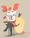 2022 3_fingers 3_toes 4:5 :3 absurd_res ambiguous_anthro ambiguous_gender anthro apron arm_tuft big_tail biped black_body black_fur braixen canid cheek_tuft chest_tuft clothing colored container crossed_legs cup digital_drawing_(artwork) digital_media_(artwork) dipstick_tail facial_tuft feet fingers front_view full-length_portrait fur furniture generation_6_pokemon hat headgear headwear hi_res hip_tuft holding_container holding_cup holding_object inner_ear_fluff inside looking_at_viewer mammal markings mostly_nude_ambiguous mostly_nude_anthro multicolored_body multicolored_fur necktie nintendo orange_body orange_fur orange_inner_ear_fluff orange_nose orange_tail_tip pointy_ears pokeball_symbol pokemon pokemon_(species) portrait prick_ears red_apron red_clothing red_eyes red_hat red_headwear red_necktie sanchimpo shaded shoulder_tuft simple_background sitting solo stick stick_in_tail stool table tail tail_markings tan_background toes tuft two_tone_tail white_body white_fur yellow_body yellow_fur yellow_tail