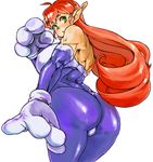  ass blue_bodysuit bodysuit breasts cat_paws chikuwa_(tks) elf from_behind galaxy_fight green_eyes huge_breasts long_hair looking_back muscle paws pointy_ears red_hair roomi simple_background solo 